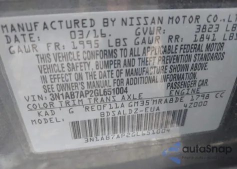 2016 Nissan Sentra Fe+ S/S/Sl/Sr/Sv from USA, damaged, VIN 3N1AB7AP2GL651004